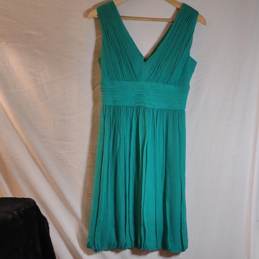 NWT Suzi Chin Green Ruched V-Neck Midi Silk Dress - Size 4